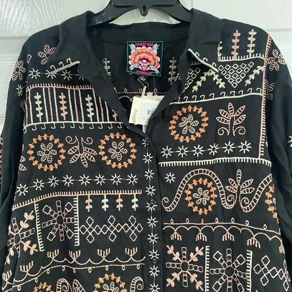 Johnny Was Faye Relaxed Linen Button Down Embroidered Shirt Lagenlook Size L - Picture 5 of 15